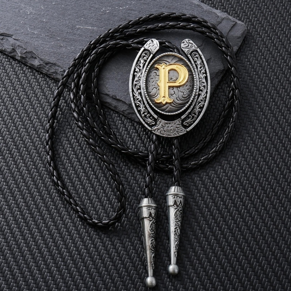 Western Silver Gold Horseshoe Letter P Initial Bolo Tie CHOOSE YOUR LETTER